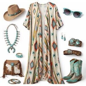 Turquoise Haven S/M Kimono Cardigan Boho Southwestern Chic Cowgirl Print Duster